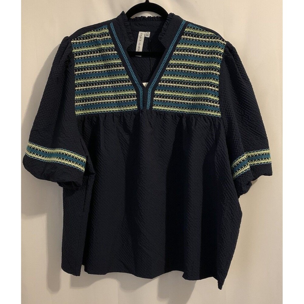 Grace + Karma Womans Size 2X Top Short Sleeve Blue Embroidered Blouse